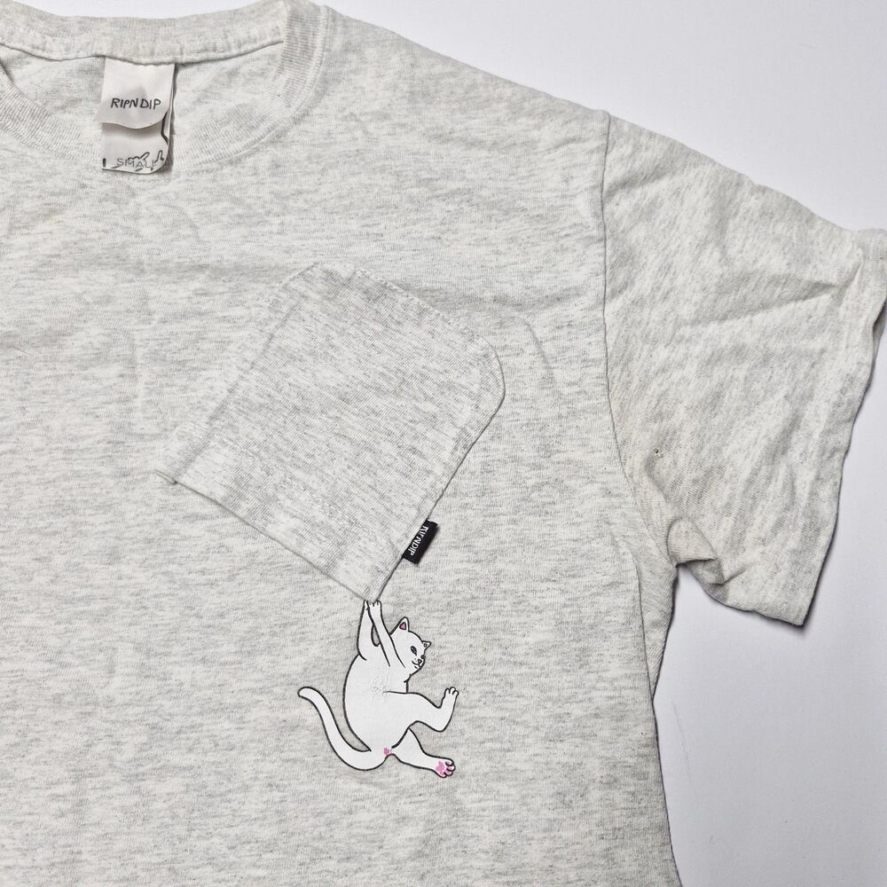 RIPNDIP Lord Nermal Pocket Tee Mens Medium Heather Grey Hang In There Cat Shirt